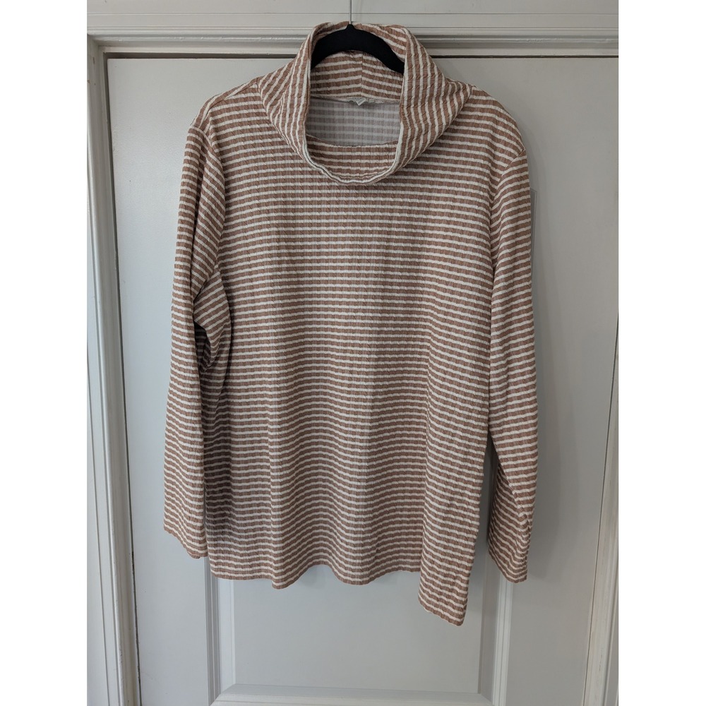 Talbots Plus Size 2X Tan White Striped Cowl Neck Textured Knit Top coastal